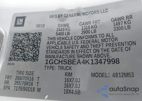 2019 Chevrolet Colorado Wt z USA, uszkodzony, nr VIN 1GCHSBEA4K1347998